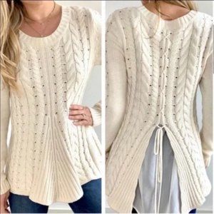 Cabi Cream Allover Cable Knit Lace Up Sweater